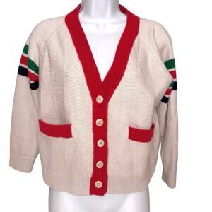 The Great. V Neck Wool Blend Red Stripe Sleeve Button Down Cardigan Sweater 1